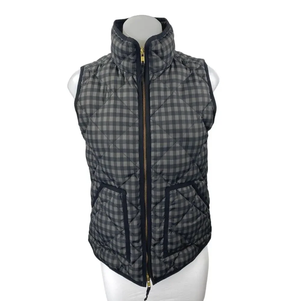 J.Crew Women's Black Gingham Checkered Zip Up Puffer Quilted Vest Coat Jacket XS
